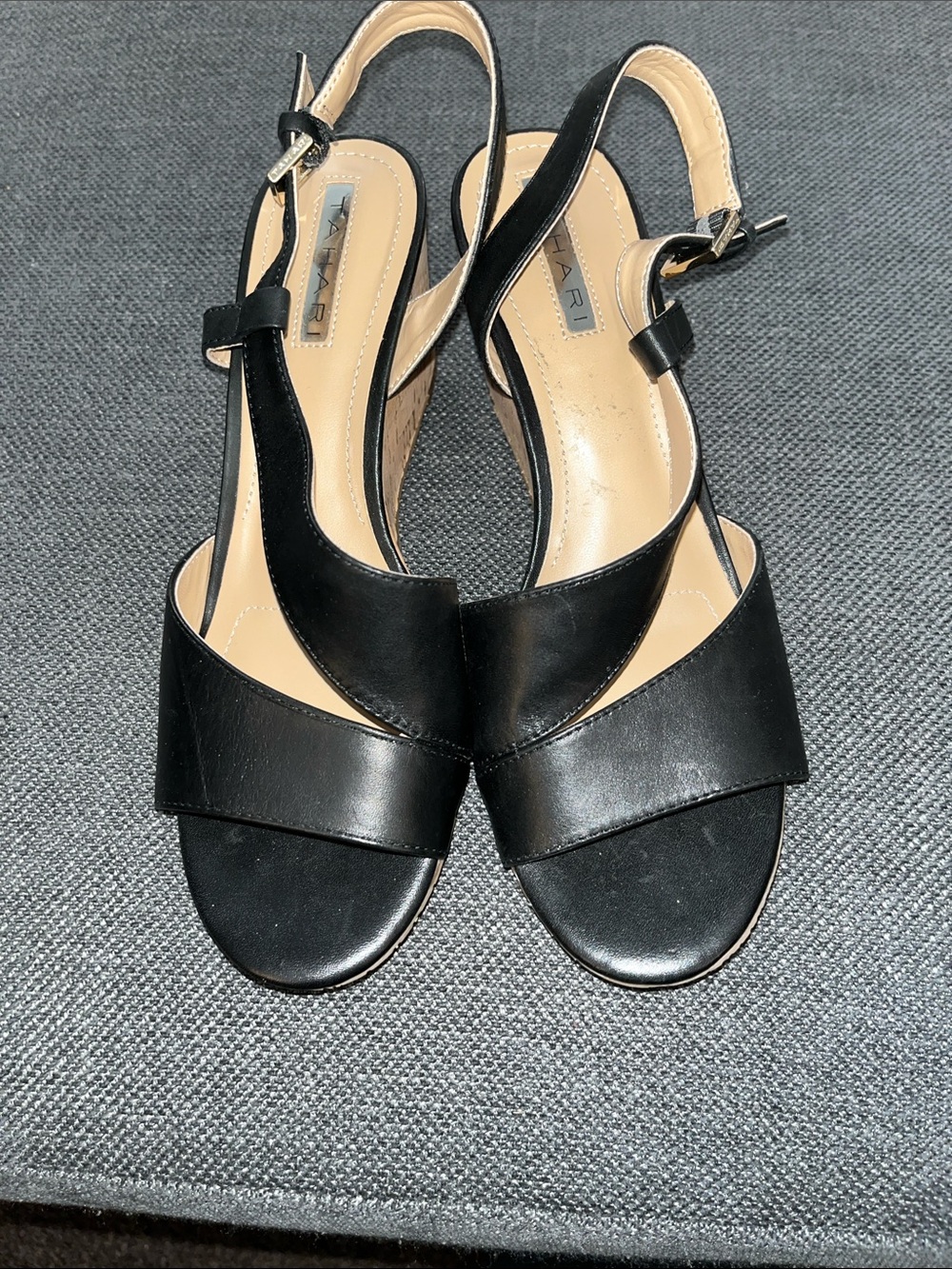 Tahari Black Leather Slingback Wedge Sandals